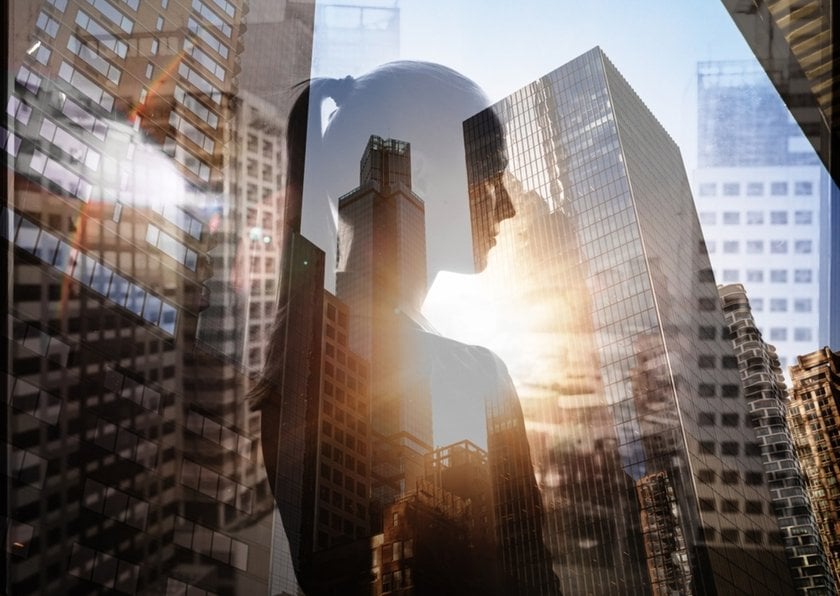 Double exposure portrait of a girl and a big city background | Aperty Blog