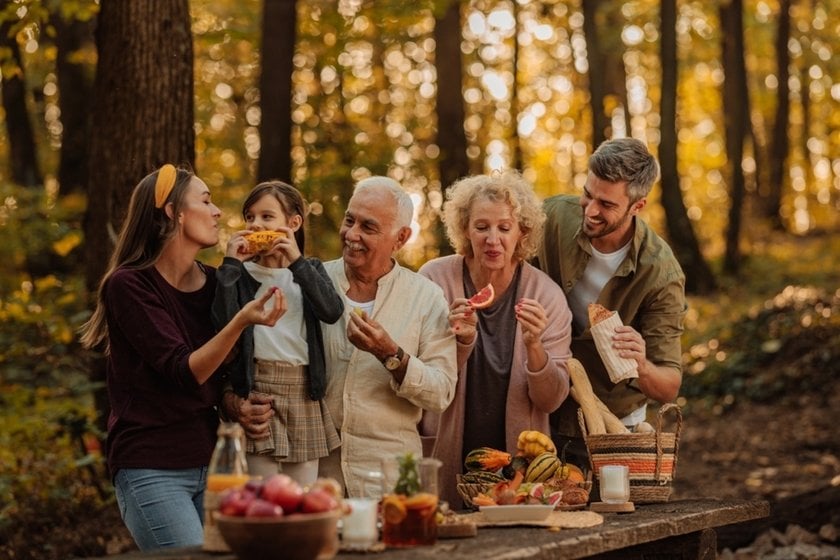 Portrait of a large family on a picnic in the forest | Aperty Blog