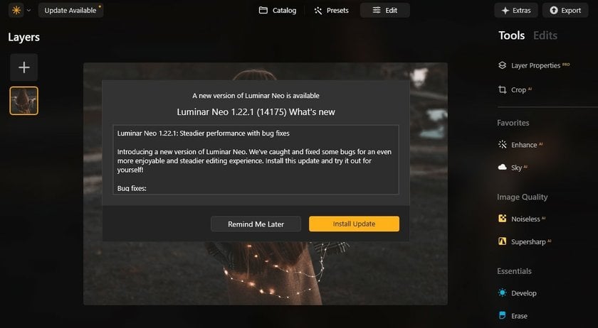 Screenshot of an example of an update in Luminar Neo| Skylum Blog