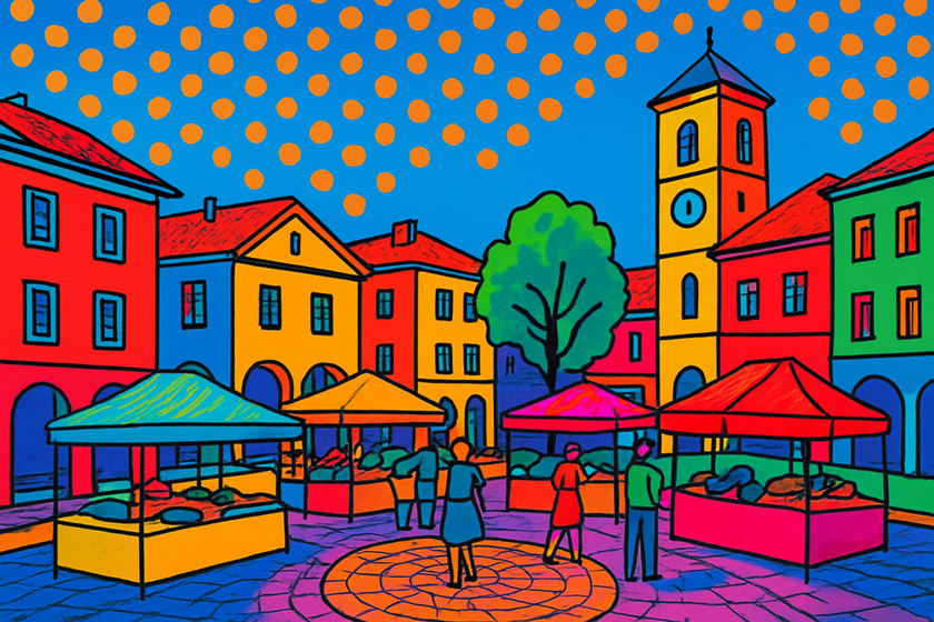 A market square in bold, colorful Pop art style | Skylum Blog