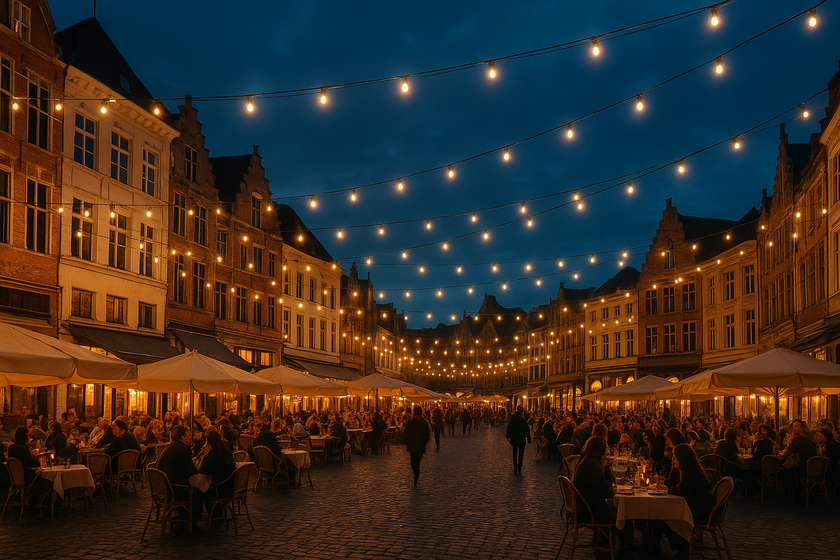 Old European town square at dusk cafés and string lights | Skylum Blog