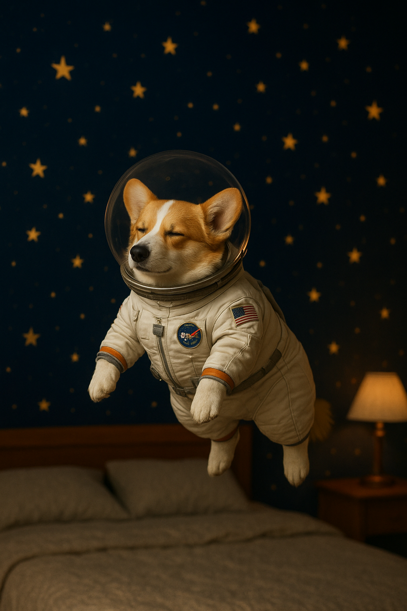 A sleepy corgi dressed as an astronaut hovers in a bedroom | Skylum Blog