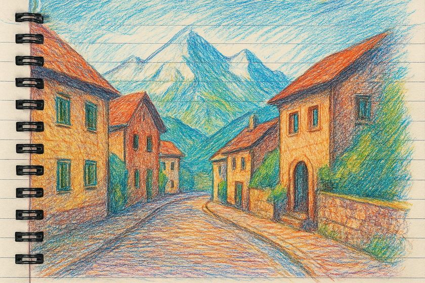 A city street drawn as a colored pencil sketch in a notebook | Skylum Blog