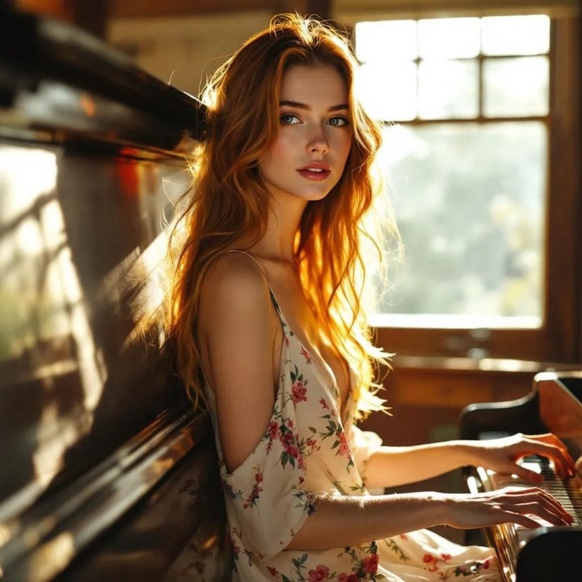 A skinny girl near a piano in AI | Skylum Blog