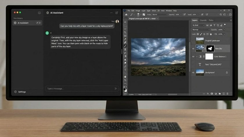 Two windows on a computer screen: GPT Chat and Photoshop | Skylum Blog
