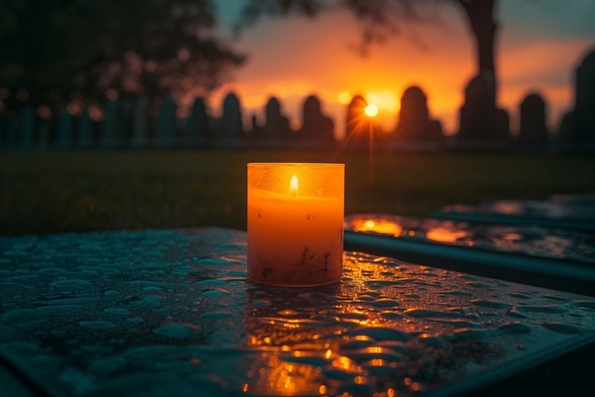 A lit candle against the backdrop of a sunset | Skylum Blog