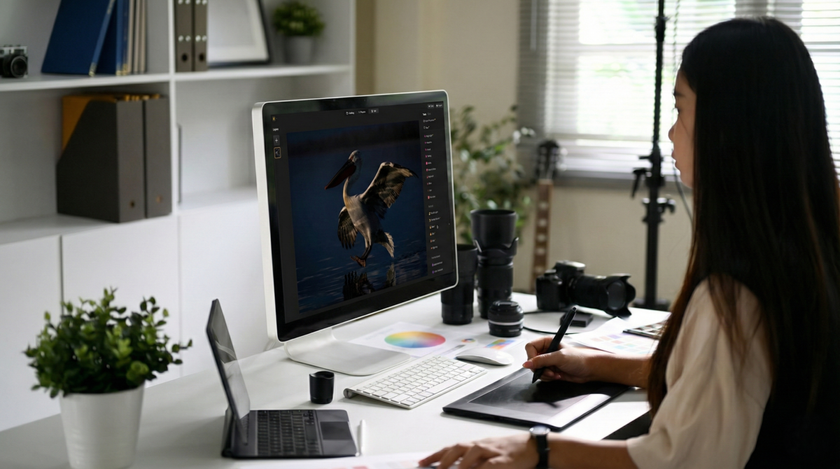 A girl works with the Luminar Neo app | Skylum Blog