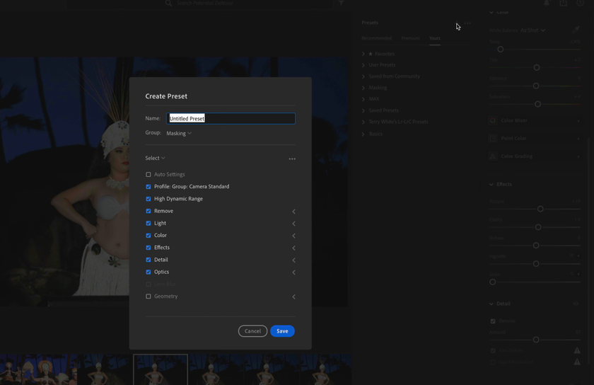 Settings for creating a new preset in Lightroom | Skylum Blog