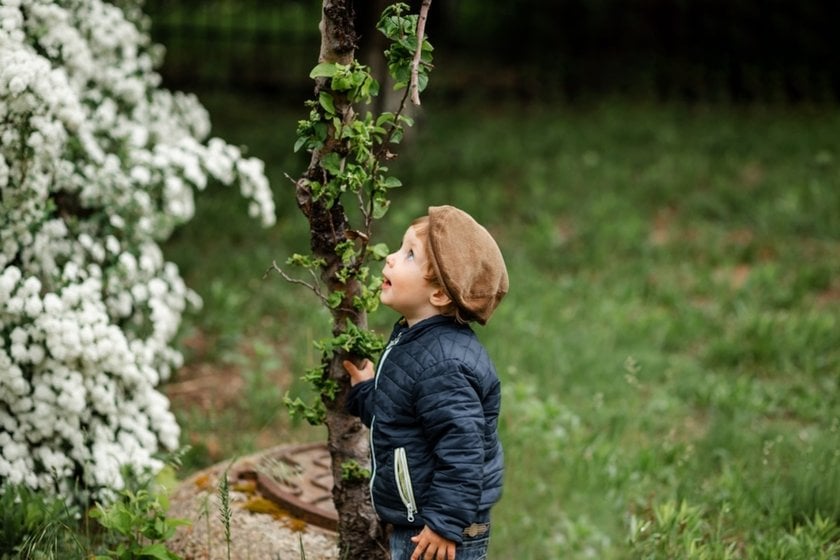 A surprised toddler looks at a spring tree | Skylum Blog