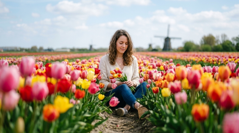 A girl with tulips in her hands in a tulip field | Skylum Blog