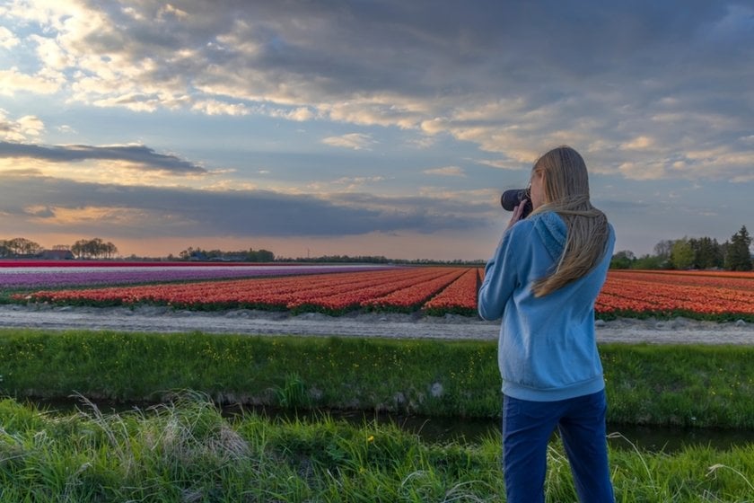A photographer takes a photo in a tulip field | Skylum Blog