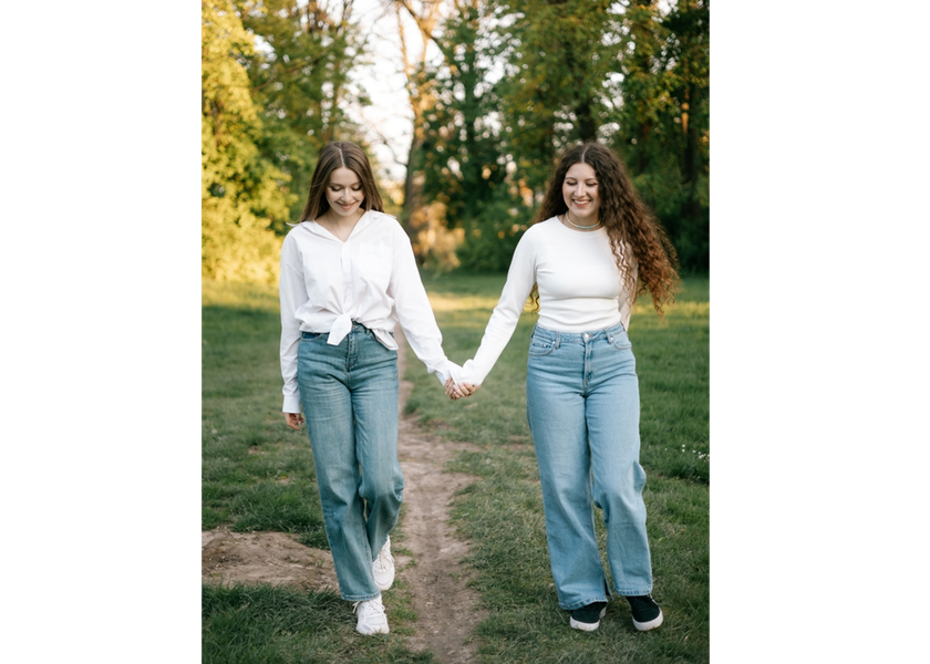 Girlfriends walk hand in hand in the park | Skylum Blog
