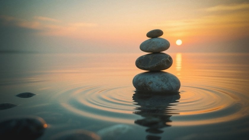 Pyramid of pebbles in the water against the backdrop of a sunset | Skylum Blog