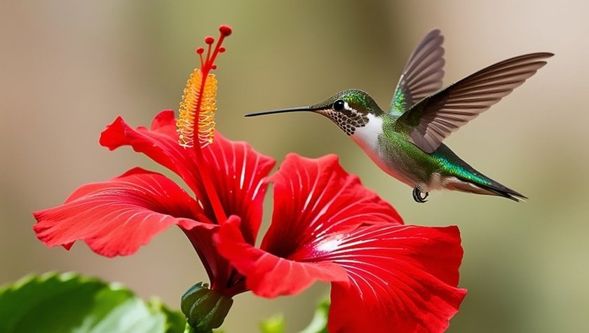 Hummingbird near a red flower | Skylum Blog
