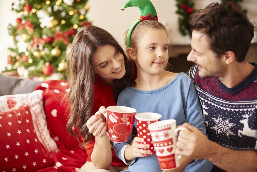 Mum, Dad, and Child Drinking Cocoa in Winter Outfits | Skylum Blog