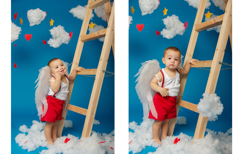 A toddler dressed as Cupid near the stairs | Skylum Blog