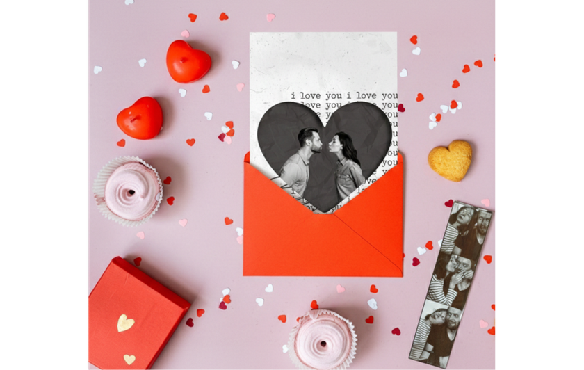 Red envelope with a heart photo and candy hearts | Skylum Blog