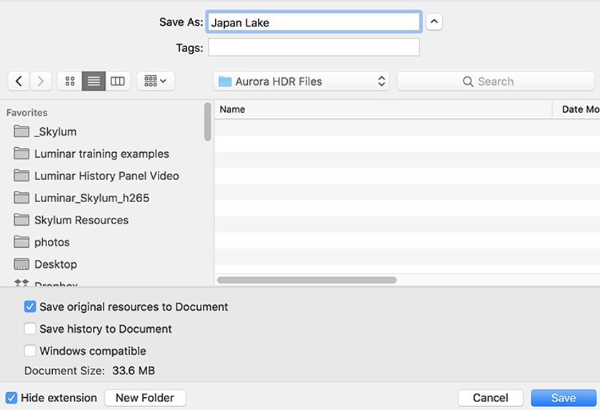 Saving a Native Aurora HDR File with History on a Mac Image4