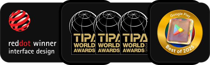 Red Dot, TIPA World Awards and Google Play Best of 2025 badges