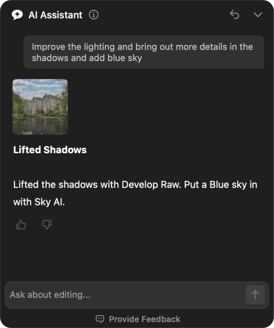AI Assistant panel in Luminar